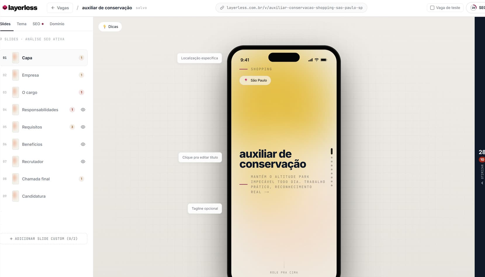 Painel de campos à direita — captura de tela ilustrativa