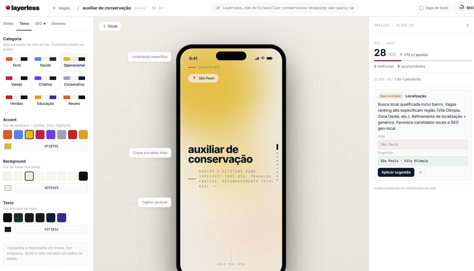 Tema, logo e SEO — captura de tela ilustrativa