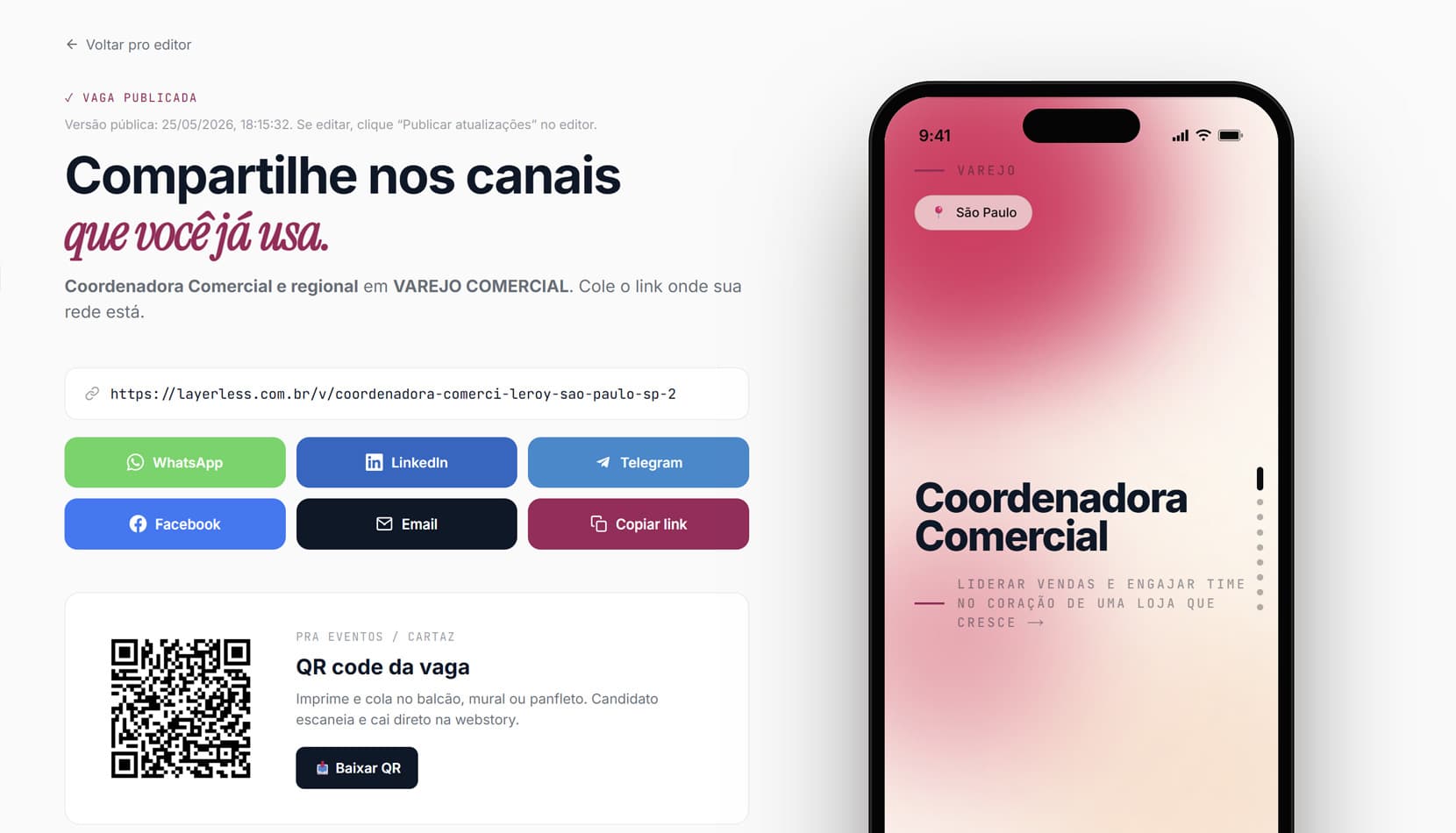 Compartilhando a vaga — captura de tela ilustrativa