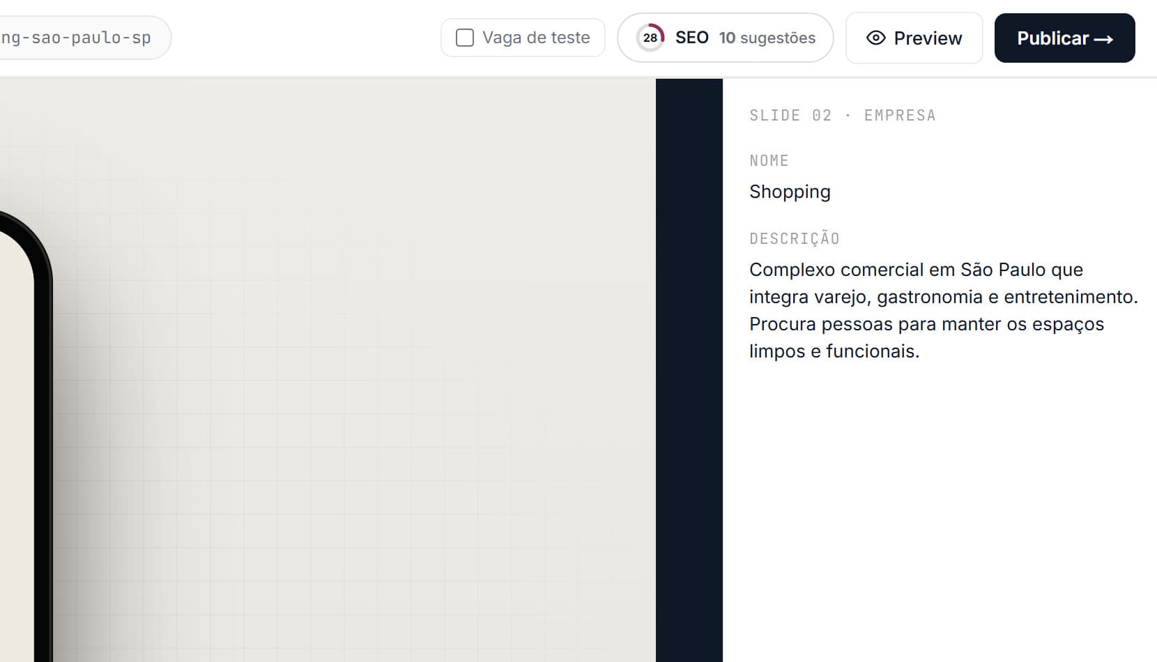 Publicando a vaga — captura de tela ilustrativa